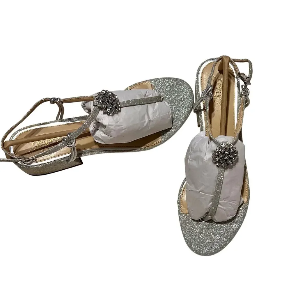 Jewel Badgley Mischka Lizette Silver Glitter Block Heel Sandals Size 9 NWOB